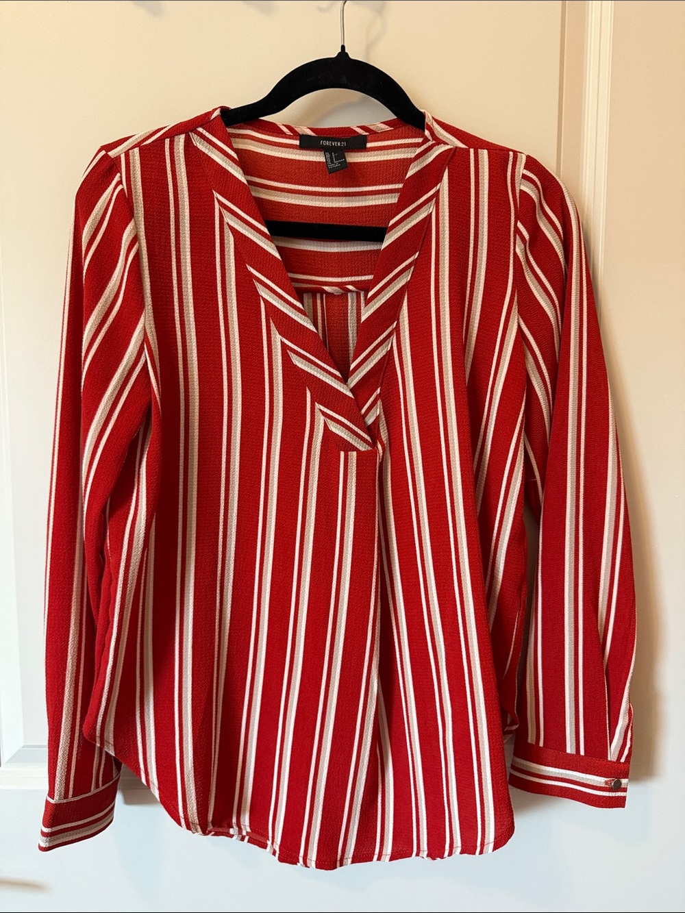 Forever 21 Red and White Vertical Stripe V-Neck Blouse